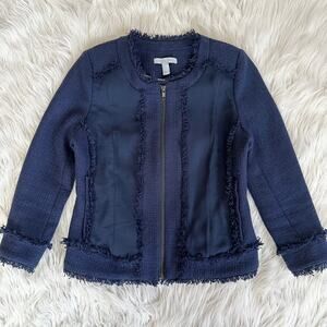 Dylan Gray Tweed Jacket Fringe Trim Zip Front Collarless Blazer, Navy Blue